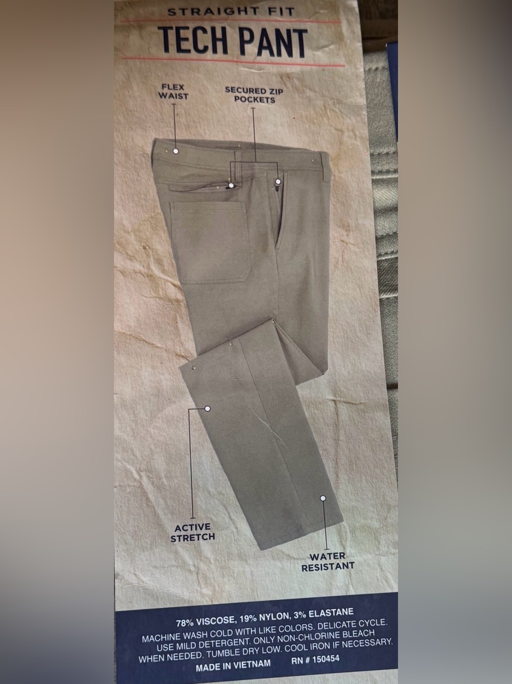 Weatherproof Men's Straight Fit Tech Pants in Tan 36X32 Secure Zip Pockets